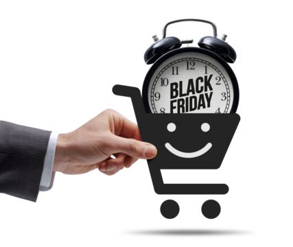 Black Friday sale: customer holding a shopping cart icon with alarm clock