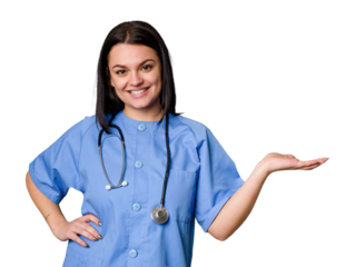 Young nurse woman isolated showing a copy space on a palm and holding another hand on waist.