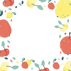 Vector template for text with fruits. Red and yellow apples and cherries.