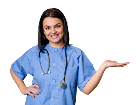 Young nurse woman isolated showing a copy space on a palm and holding another hand on waist.