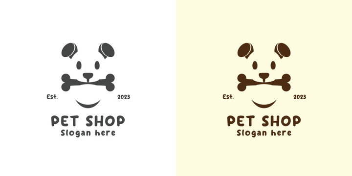 Pet food shop logo design illustration Shade concept for a simple minimalist flat silhouette. Vector icon of a dog biting a bone useful for dog and cat food businesses