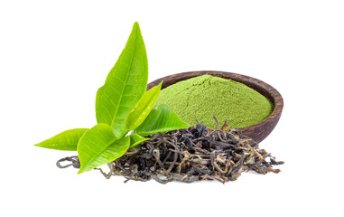 fresh green tea leaf and powdered matcha isolated on transparent png
