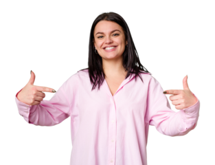 Young caucasian woman isolated points down with fingers, positive feeling.