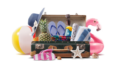 Beach accessories and vintage suitcase - obrazy, fototapety, plakaty