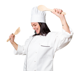 Young cook woman holding wooden spoon and fork isolated