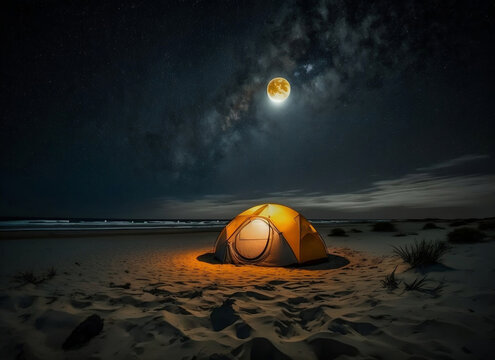 tent in the night, night camping on beach, Generative AI