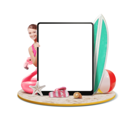 Tablet, beach accessories and woman