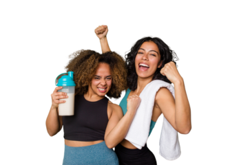 Two best friends are ready to go to the gym, one of them holds a protein shake, raising fist after a victory, winner concept.