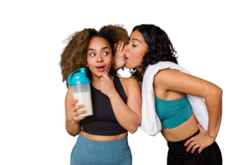 Two best friends are ready to go to the gym, one of them holds a protein shake, is saying a secret hot braking news and looking aside
