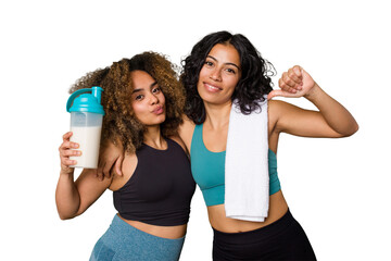 Two best friends are ready to go to the gym, one of them holds a protein shake, feels proud and self confident, example to follow.