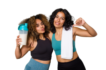 Two best friends are ready to go to the gym, one of them holds a protein shake, feels proud and self confident, example to follow.