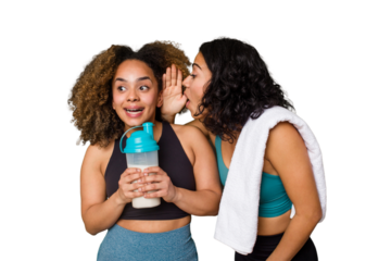 Two best friends are ready to go to the gym, one of them holds a protein shake, shouting and holding palm near opened mouth.