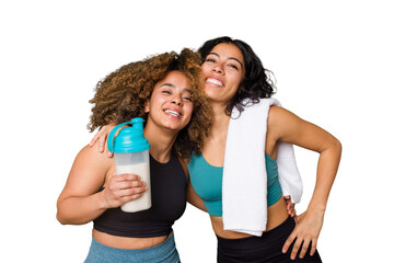 Two best friends are ready to go to the gym, one of them holds a protein shake, dreaming of...
