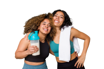 Two best friends are ready to go to the gym, one of them holds a protein shake, dreaming of achieving goals and purposes