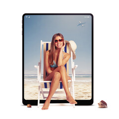 Woman sunbathing and beach on tablet screen