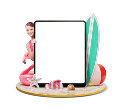 Tablet, beach accessories and woman