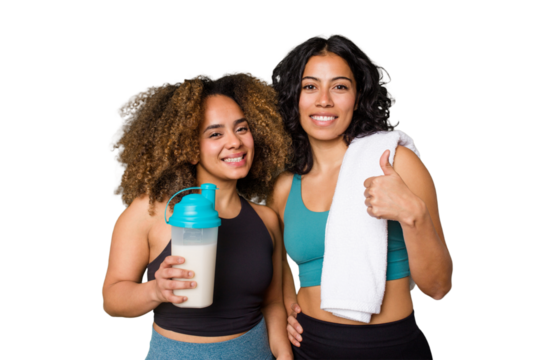 Two best friends are ready to go to the gym, one of them holds a protein shake, smiling and raising thumb up