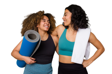 Two friends, of different ethnicities, are pumped and ready to hit the gym together.