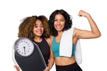 Two ethnically diverse friends head to the gym together, motivated and focused on fitness. One holds a scale, symbolizing dedication to diet and discipline.
