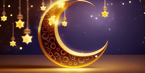 Obraz na płótnie Canvas This stunning Islamic design features a hollow crescent moon set against a golden bokeh background