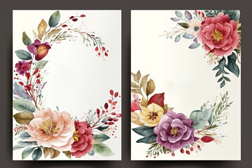 Illustration, Elegant Wedding Card, Colorful Floral Invitation Card, Flowers And Leaves Template, Generative Ai