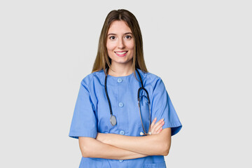 Young nurse woman with a estethoscope isolated