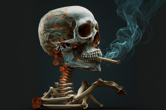 Lung diseases after smoking. A bone skeleton smokes a cigarette(Generative AI)