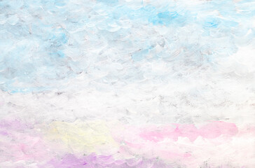 A delicate pastel painting on textured canvas. Oil white landscape with yellow, blue and pink