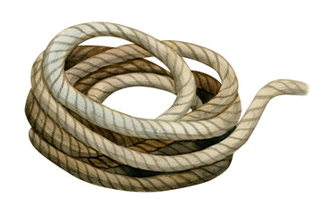 Watercolor coil of rope, nautical cable roll over realistic illustration isolated on white background - obrazy, fototapety, plakaty