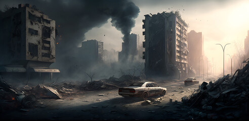 Destroyed car on the background War-torn city with broken buildings. Street of the bombed-out city. Generative AI - obrazy, fototapety, plakaty