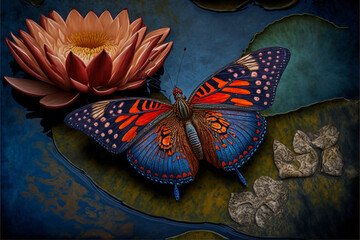 Fototapeta na wymiar butterfly sitting on top of a leaf next to a flower