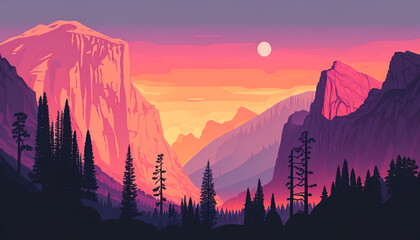 Sunset Yosemite national park with twilight sky landscape background. High cliffs, mountains and forest with many trees. Digital art in pastel color style. Digital illustration generative AI.