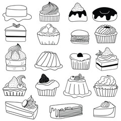 Hand drawn sweet dessert collection in doodle art style on white background