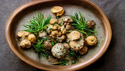 Bowl of baby bella mushrooms and bunch of fresh rosemary on rustic wooden background. Generative Ai