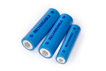 Rechargeable nickel metal hydride batteries different sizes on white background