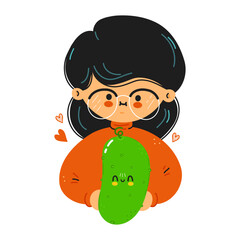 Young cute funny girl hold cucumber in hand. Girl hugs cute cucumber. Vector hand drawn doodle style cartoon character illustration icon design. Isolated on white background
