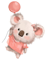 Cute hand drawn pink dress koala girlish little bear teddy toy with flying balloon watercolor infant animal character isolated white background. Book childish nursery illustration. © Alina Nikitaeva