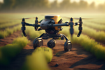 Naklejka na ściany i meble Drone treats farm field. Plant condition monitoring and field spraying. Generate AI