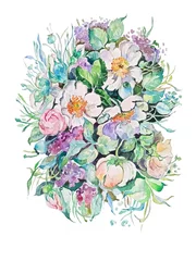 Behang Watercolor bouquet of wild flowers, colorful illustration for card design, invitations with free space for text © Kateryna