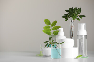 Many containers and glass tubes with leaves on white table against light grey background, space for text