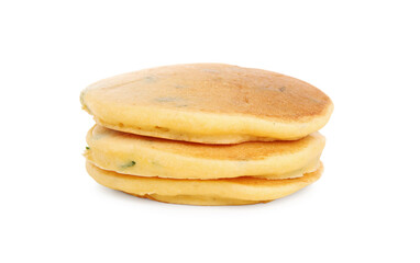 Fototapeta na wymiar Stack of tasty corn pancakes isolated on white