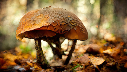 Fototapeta premium Boletus edulis or cep, edible wild mushroom in a forest. Generative Ai