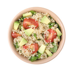 Delicious quinoa salad with tomatoes, avocado and parsley isolated on white, top view