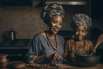 Generative AI. Igbo mother and child in the kitchen
