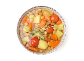 Tasty chickpea soup in bowl on white background, top view