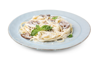 Delicious pasta with mushrooms on white background