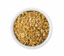 Bowl of dried orange zest seasoning isolated on white, top view