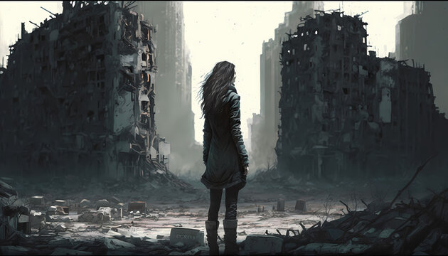 ost Woman in the Dark Urban Wasteland: A Surreal Cityscape, Generative Ai
