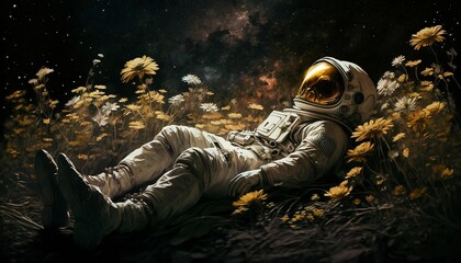 Astronaut in a Surreal Beautiful Flower Field with an Amazing  Starry Dark Sky, Generative Ai