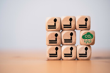 CO2 reducing icon move out from pollution factory for decrease CO2 , carbon footprint and carbon credit to limit global warming from climate change, Green factory concept.